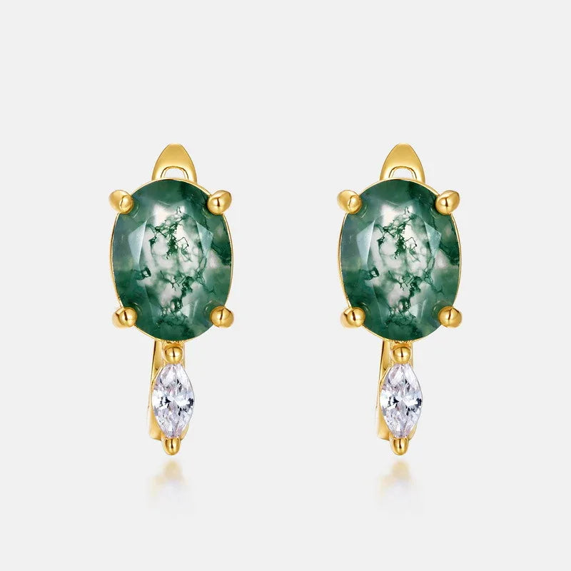 Egg-Shaped Unique Moss Agate Earrings — angled product view 5