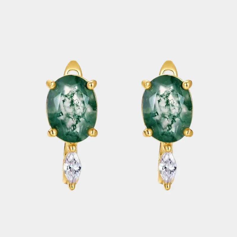Egg-Shaped Unique Moss Agate Earrings — front product view on a light background