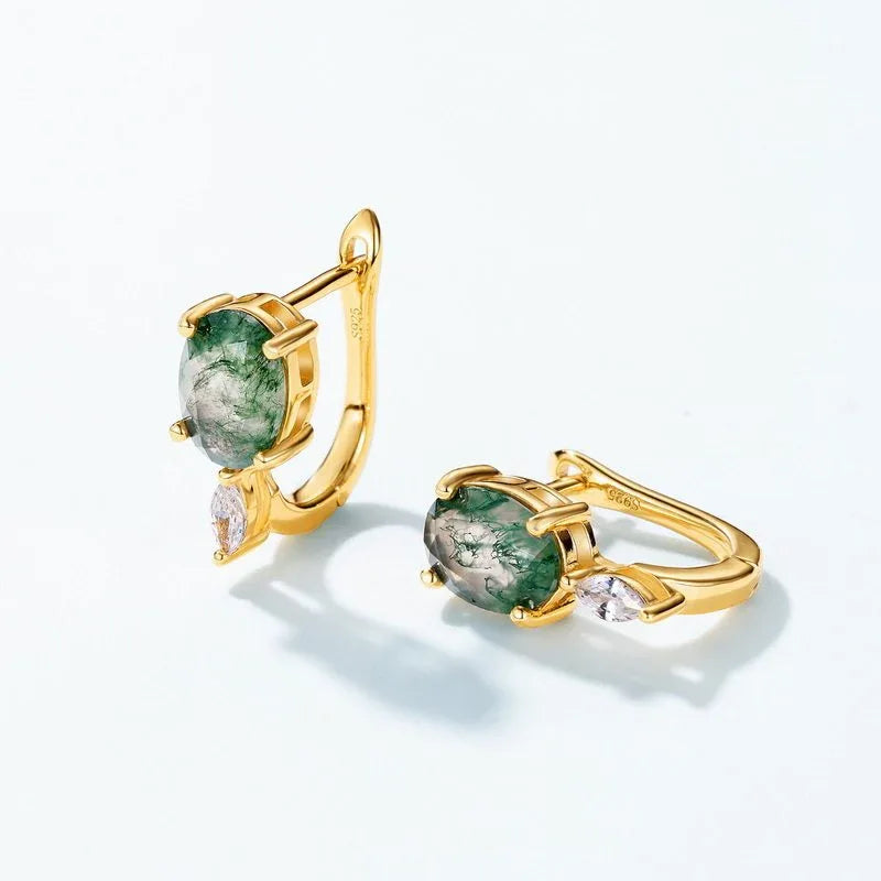 Egg-Shaped Unique Moss Agate Earrings — front setting detail 3