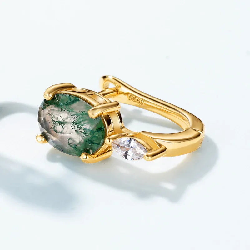 Egg-Shaped Unique Moss Agate Earrings — side profile and band detail 4