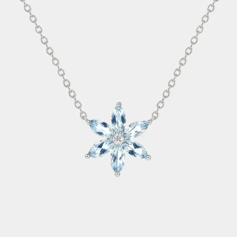 Eight-Point Aquamarine Snowflake Pendant Necklace full necklace view on a white background