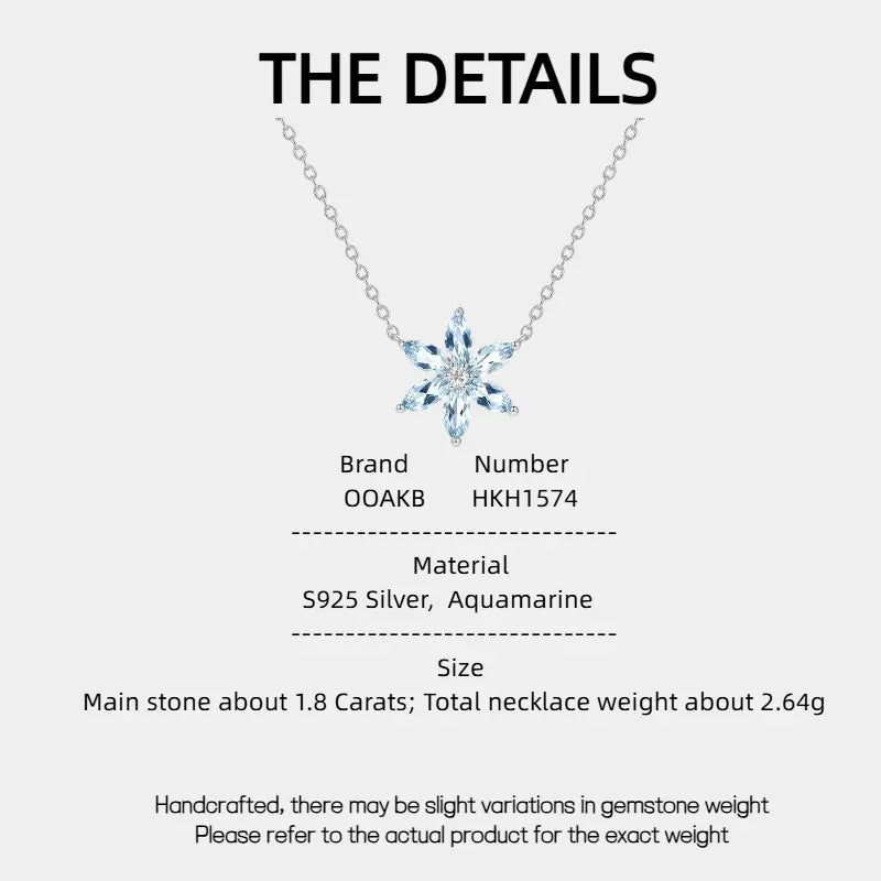 Eight-Point Aquamarine Snowflake Pendant Necklace specification card with product measurements