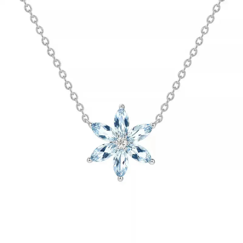 Eight-Point Aquamarine Snowflake Pendant Necklace styled neckline view showing pendant scale