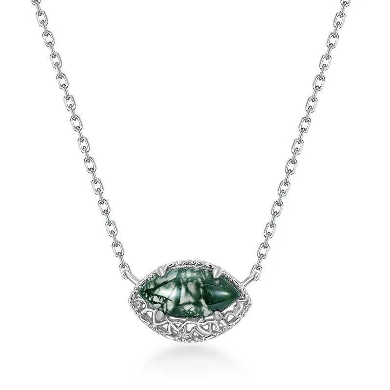 Elegant Moss Agate Pendant Necklace — angled pendant and chain detail 4