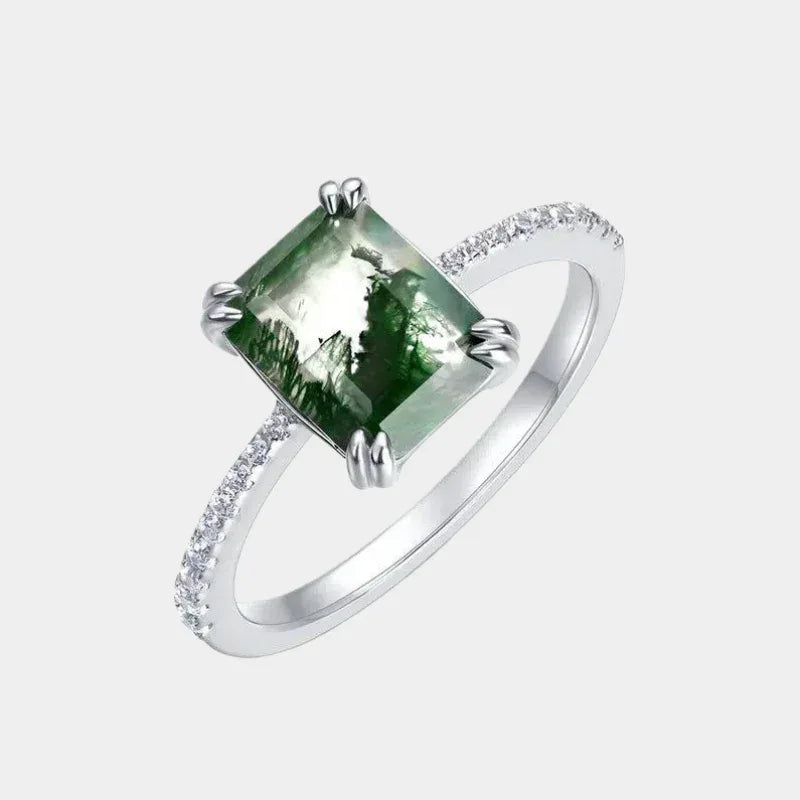Elegant Moss Agate Ring — front product view on a light background