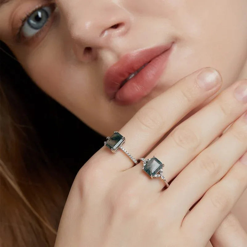 Elegant Moss Agate Ring — hand-worn scale view 2