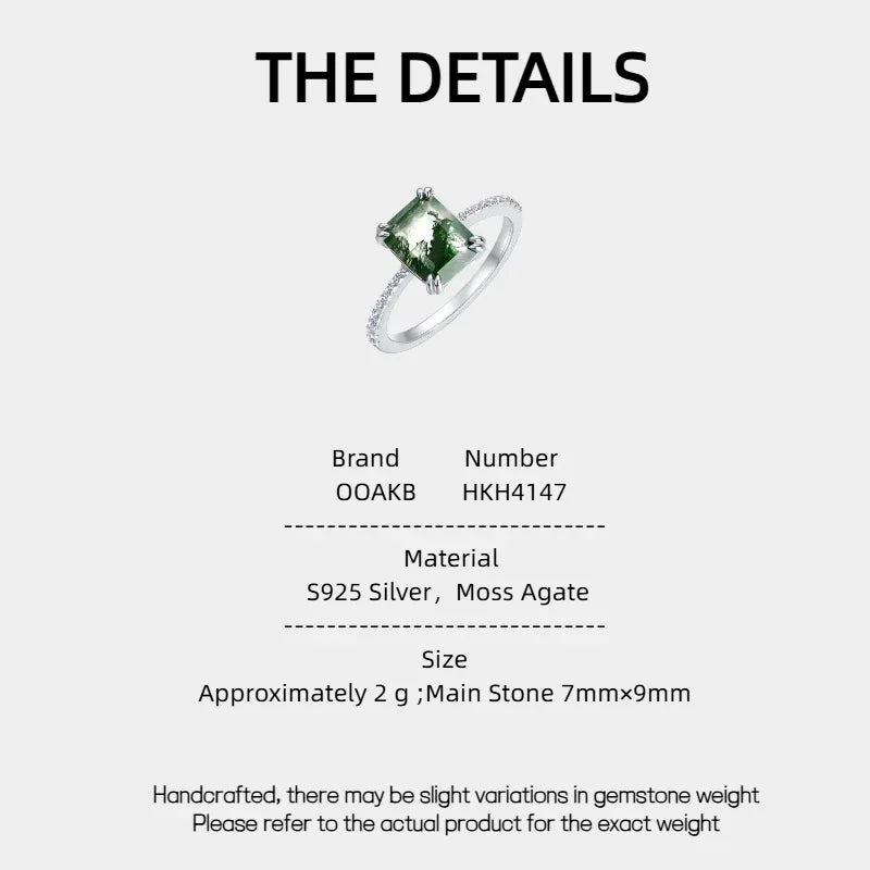 Elegant Moss Agate Ring — Moss Agate specification card with material and measurements