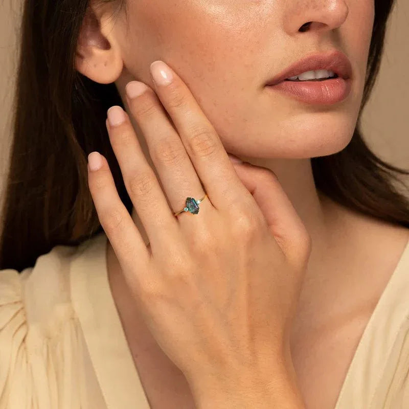 Elegant Style Moss Agate Open Ring — hand-worn scale view 2