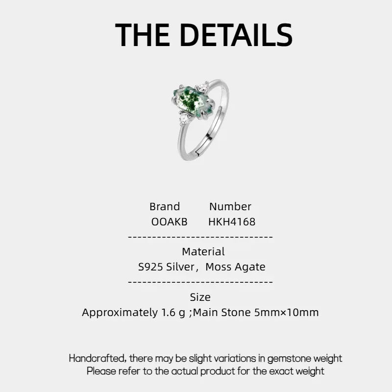 Elegant Style Moss Agate Open Ring — Moss Agate specification card with material and measurements
