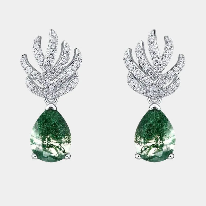 Elegant Teardrop Moss Agate Earrings — front product view on a light background