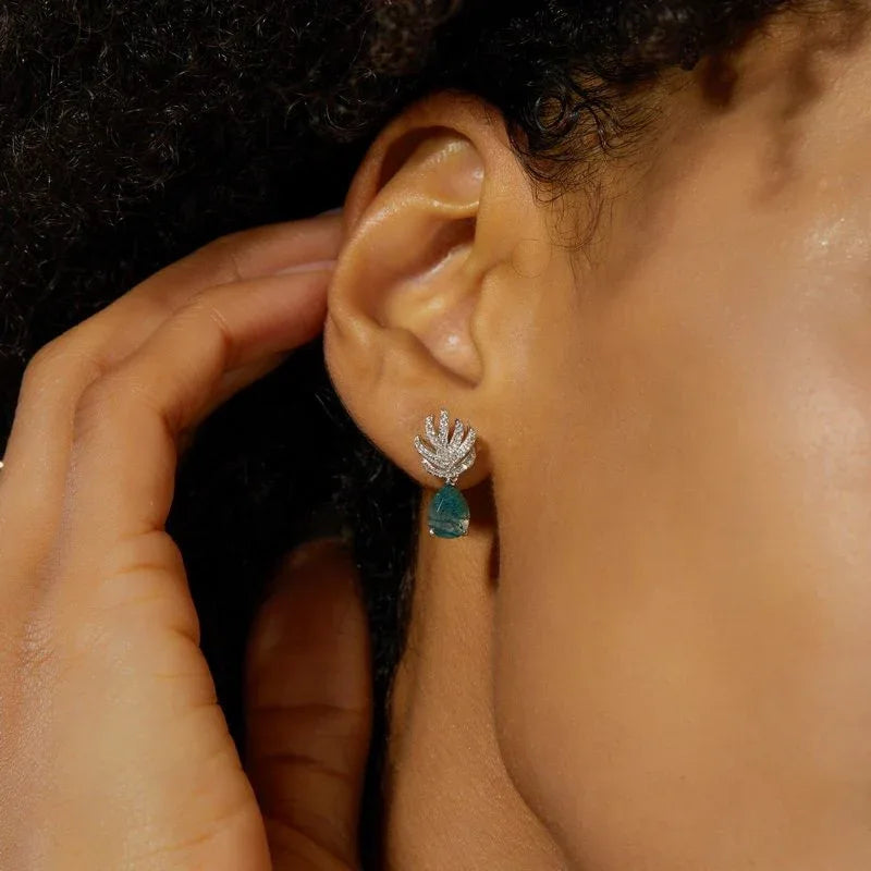 Elegant Teardrop Moss Agate Earrings — hand-worn scale view 2
