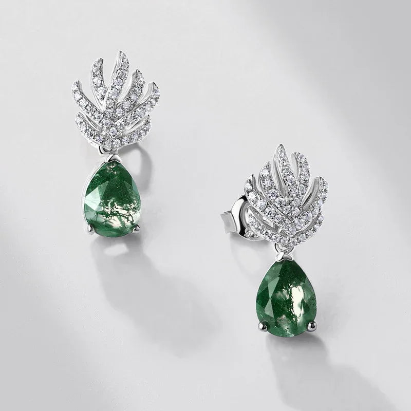 Elegant Teardrop Moss Agate Earrings — side profile and band detail 4