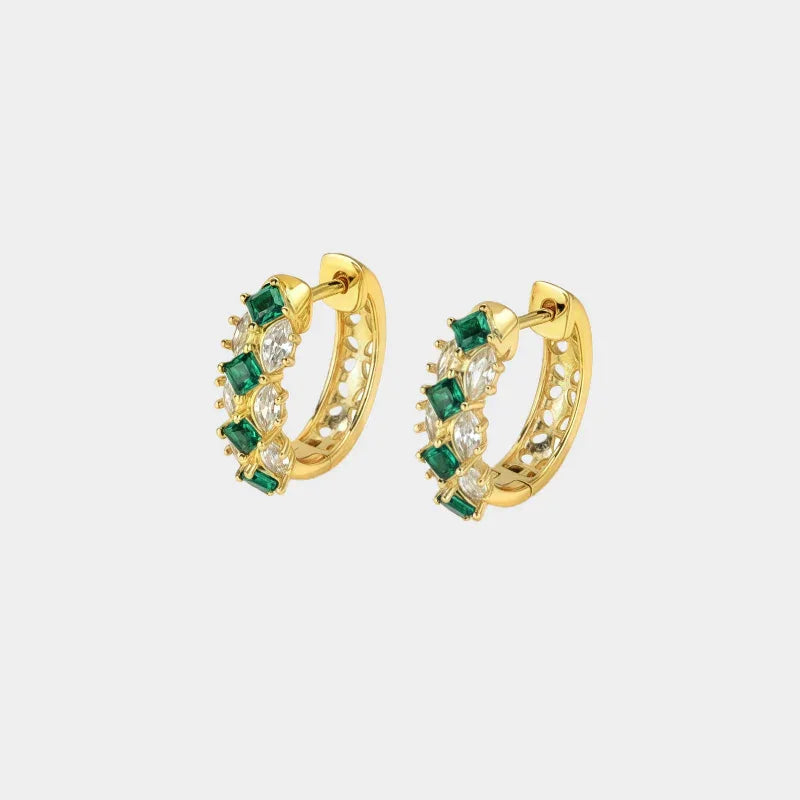Emerald and Marquise Huggie Hoop Earrings paired product view on a white background