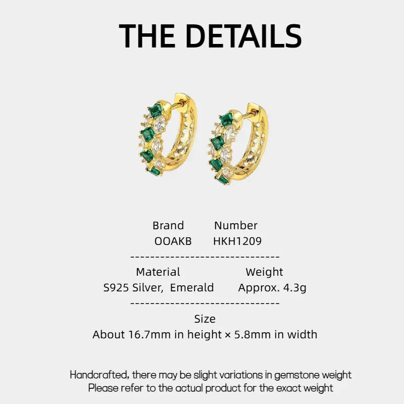 Emerald and Marquise Huggie Hoop Earrings specification card with product measurements