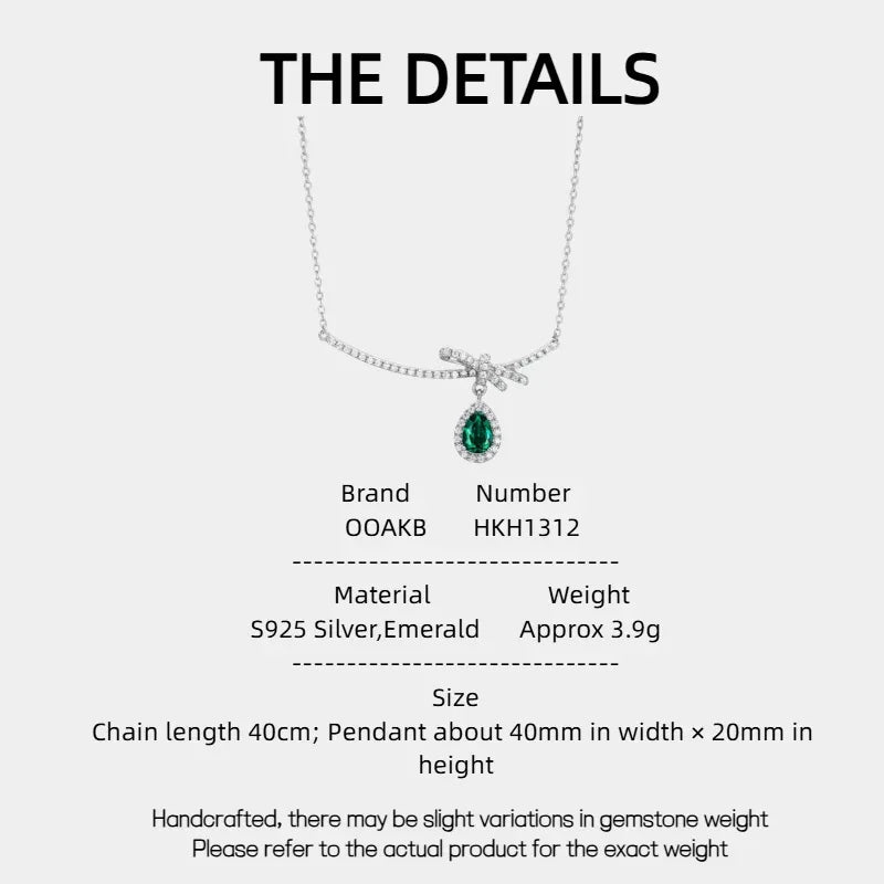 Emerald Bow and Pear Drop Necklace specification card with product measurements