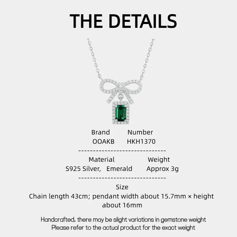 Emerald Bow Pendant Necklace specification card with product measurements