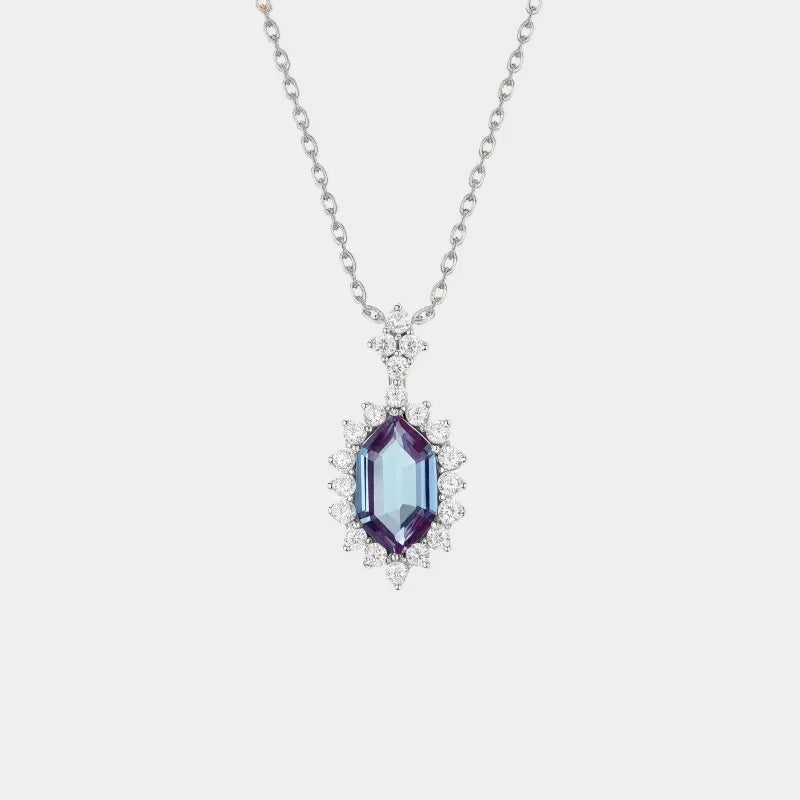 Emerald-cut Alexandrite halo pendant necklace, full product view on a white background