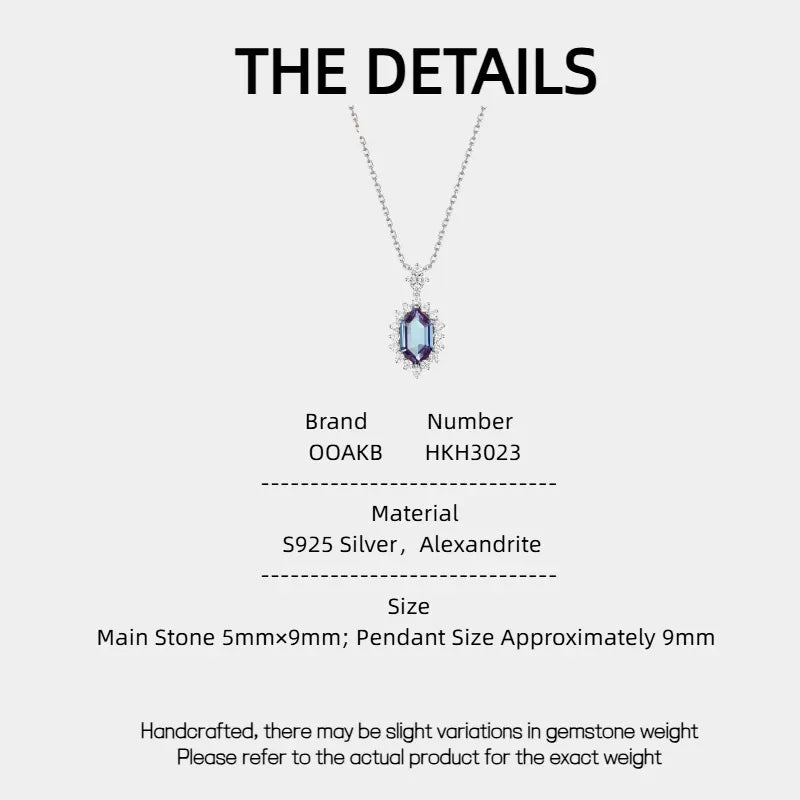 Emerald-cut Alexandrite halo pendant necklace, product specification card with text