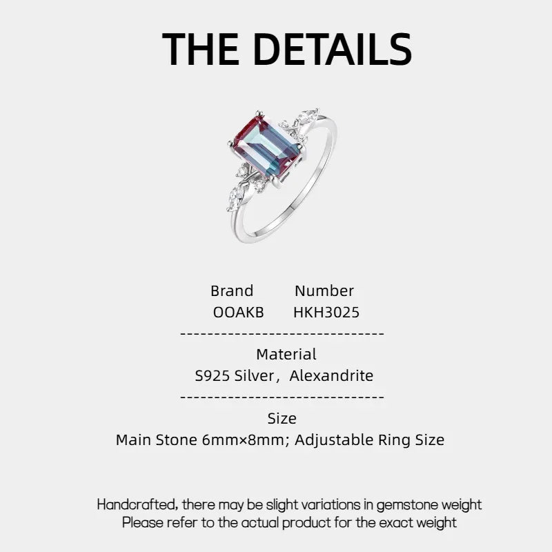 Emerald-cut Alexandrite ring with leaf side accents, product specification card with text