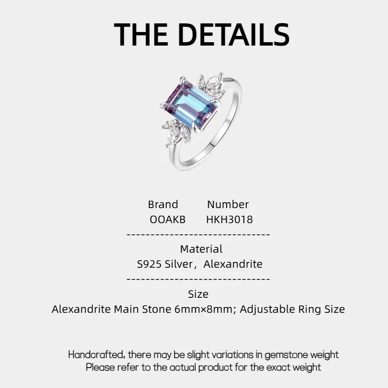 Emerald-cut Alexandrite open ring with leaf side accents, product specification card with text