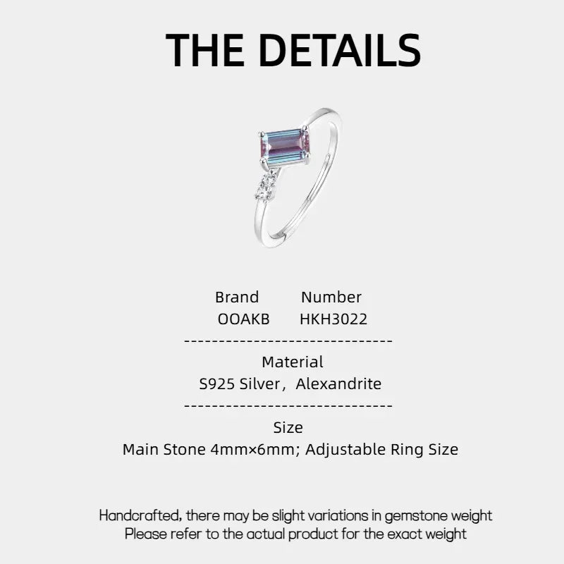 Emerald-cut Alexandrite open band ring with round clear accents, product specification card with text
