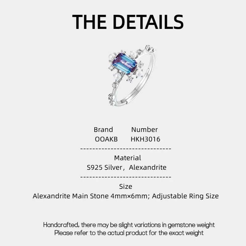 Emerald-cut Alexandrite ring with pearl and clear accents, product specification card with text
