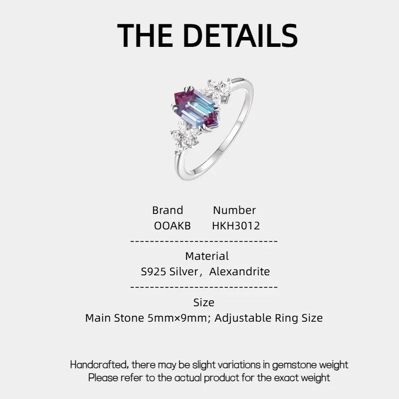 Emerald-cut Alexandrite ring with clear-stone side clusters, product specification card with text