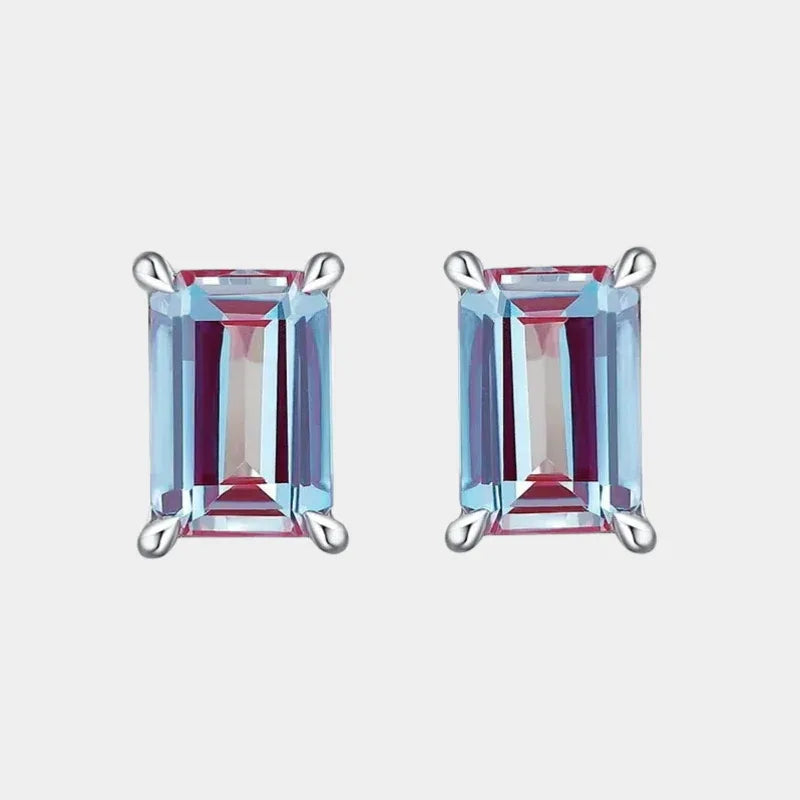 Emerald-cut Alexandrite stud earrings, front product view on a white background