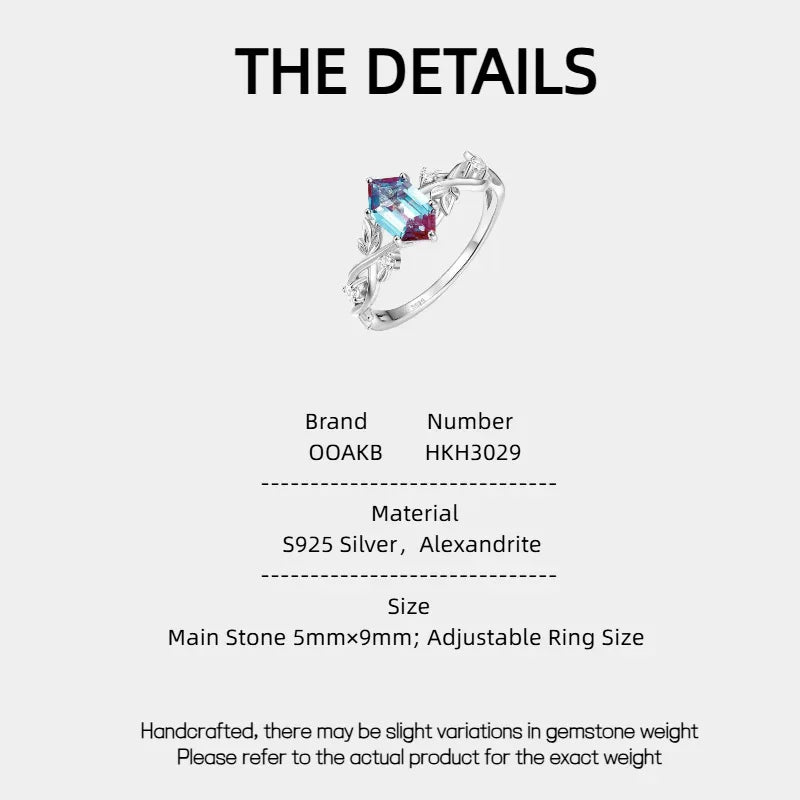 Emerald-cut Alexandrite ring with a vine and leaf band, product specification card with text