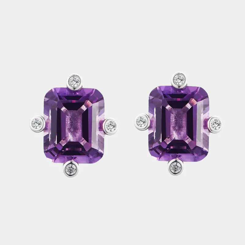 emerald-cut amethyst stud earrings front product view on a white background