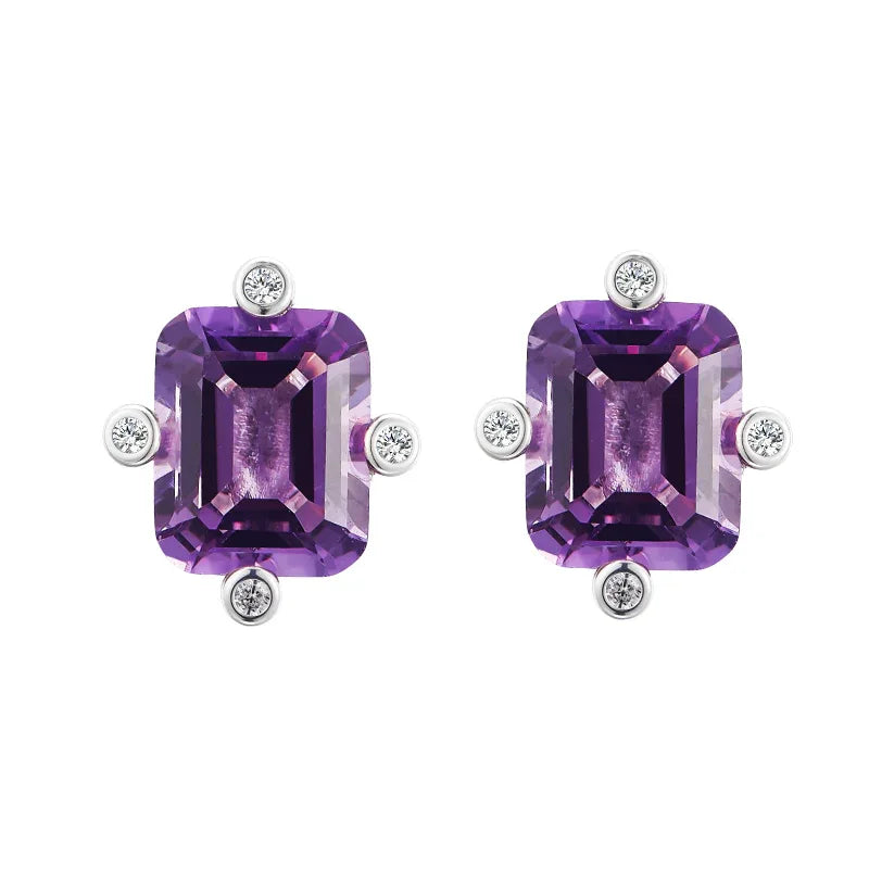 emerald-cut amethyst stud earrings side portrait with the earrings
