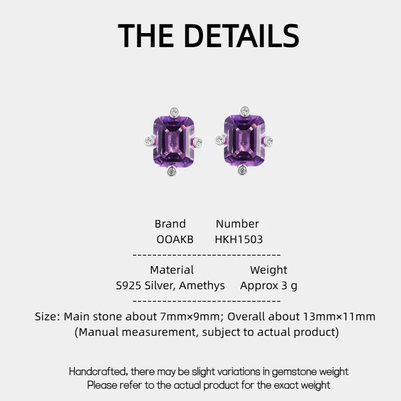 emerald-cut amethyst stud earrings specification card with product measurements
