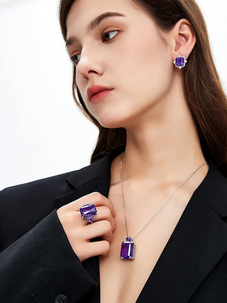 emerald-cut amethyst pendant necklace second neckline view in soft light