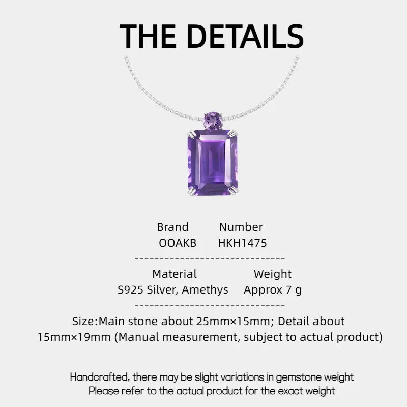 emerald-cut amethyst pendant necklace specification card with product measurements