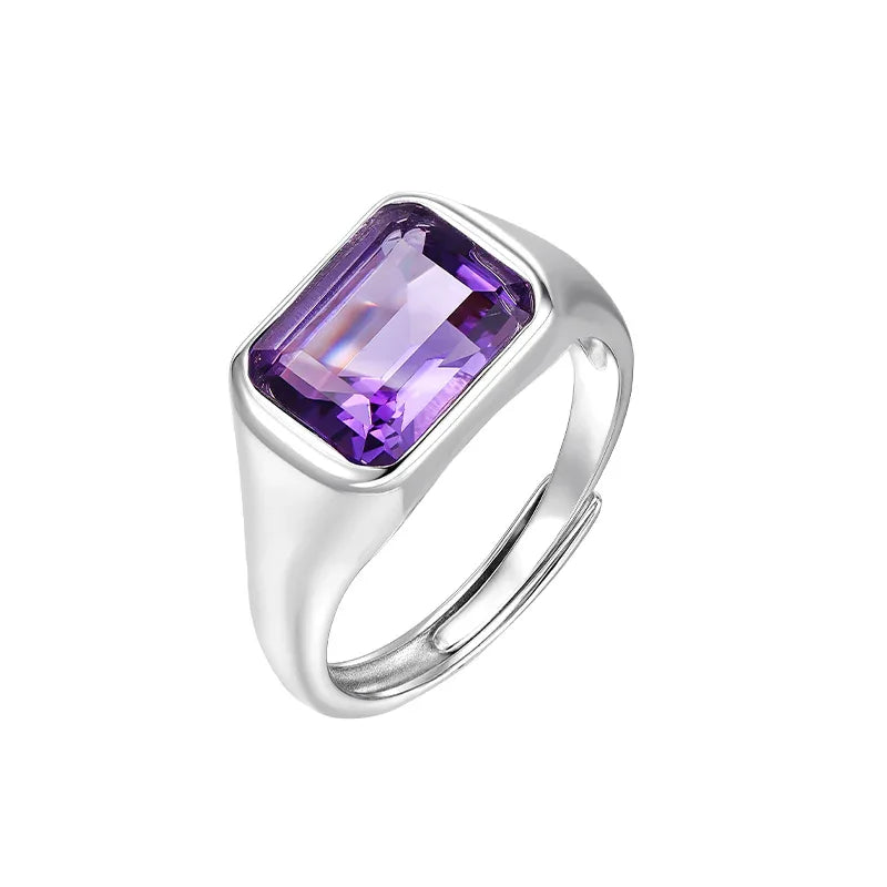 emerald-cut amethyst signet ring angled product view on a white background