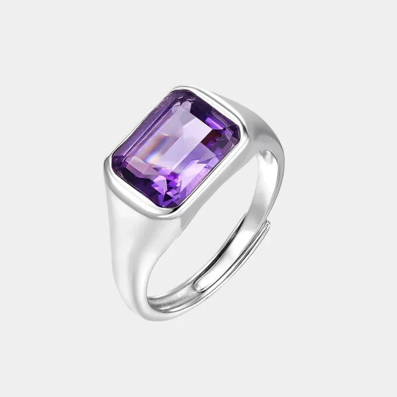 emerald-cut amethyst signet ring front product view on a white background