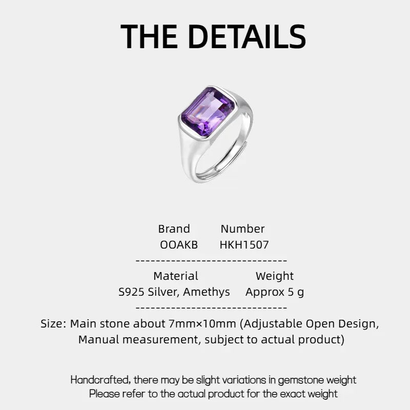 emerald-cut amethyst signet ring specification card with product measurements
