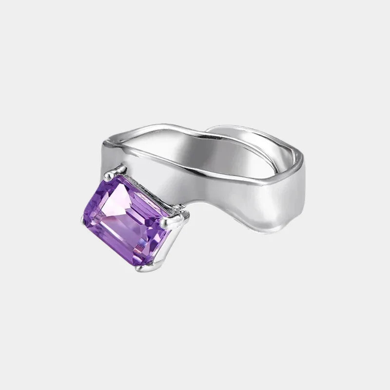 emerald-cut amethyst open ring front product view on a white background