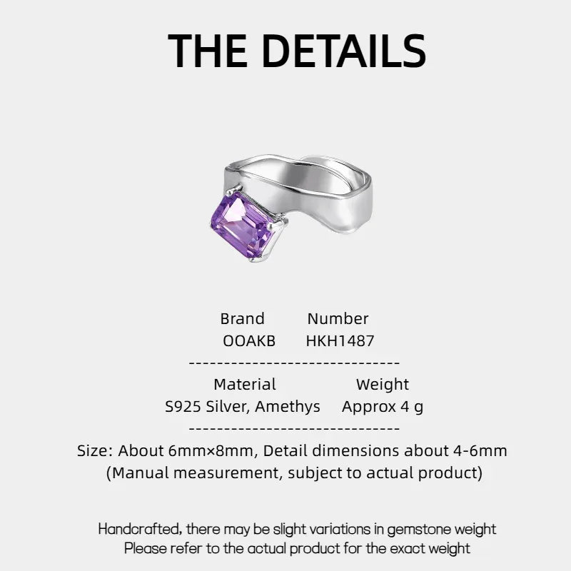 emerald-cut amethyst open ring specification card with product measurements