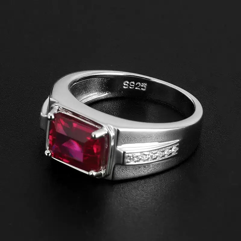 Emerald-Cut Ruby Textured Men's Ring — angled ring view