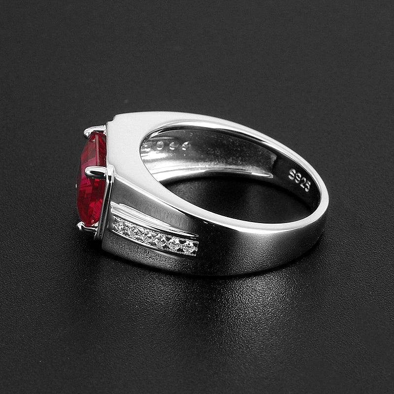 Emerald-Cut Ruby Textured Men's Ring — ring worn on hand