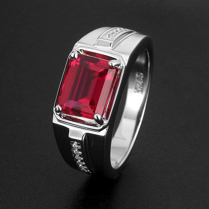 Emerald-Cut Ruby Textured Men's Ring — side profile of ring