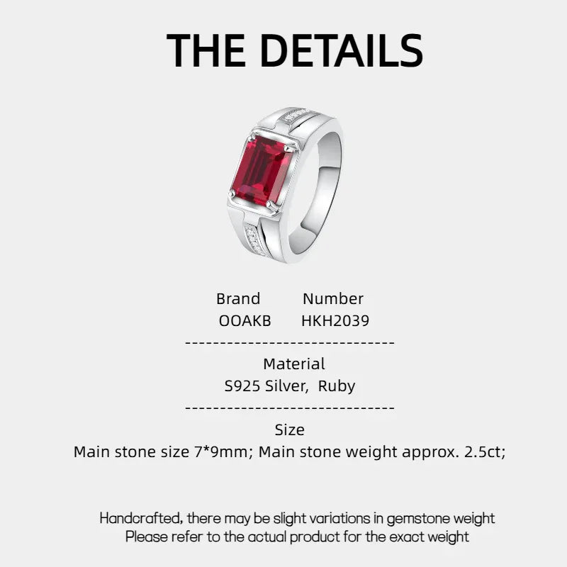 Emerald-Cut Ruby Textured Men's Ring — specification card with material and size details
