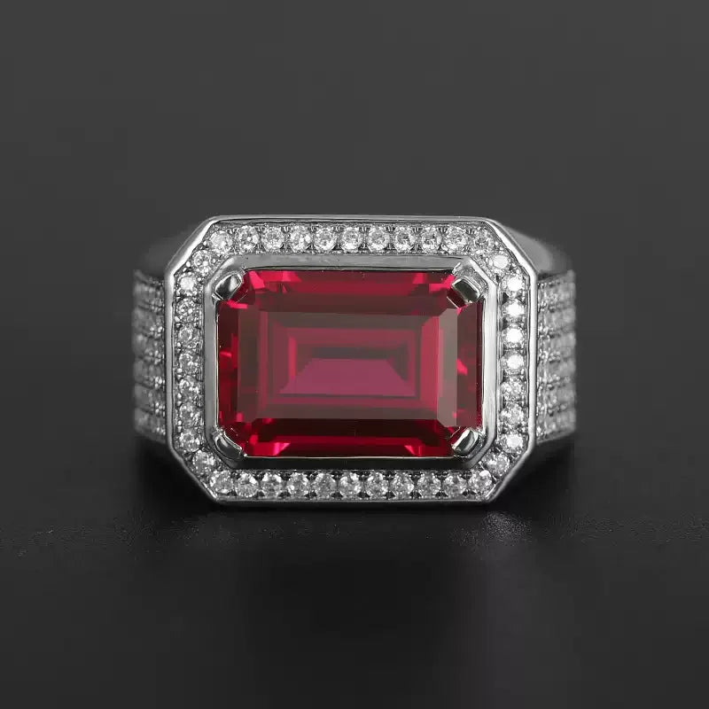 Emerald-Cut Ruby Wide-Band Men's Ring — angled ring view