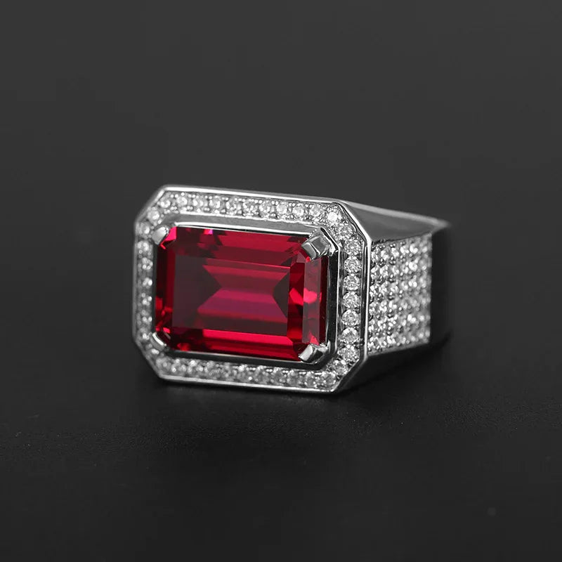 Emerald-Cut Ruby Wide-Band Men's Ring — ring worn on hand