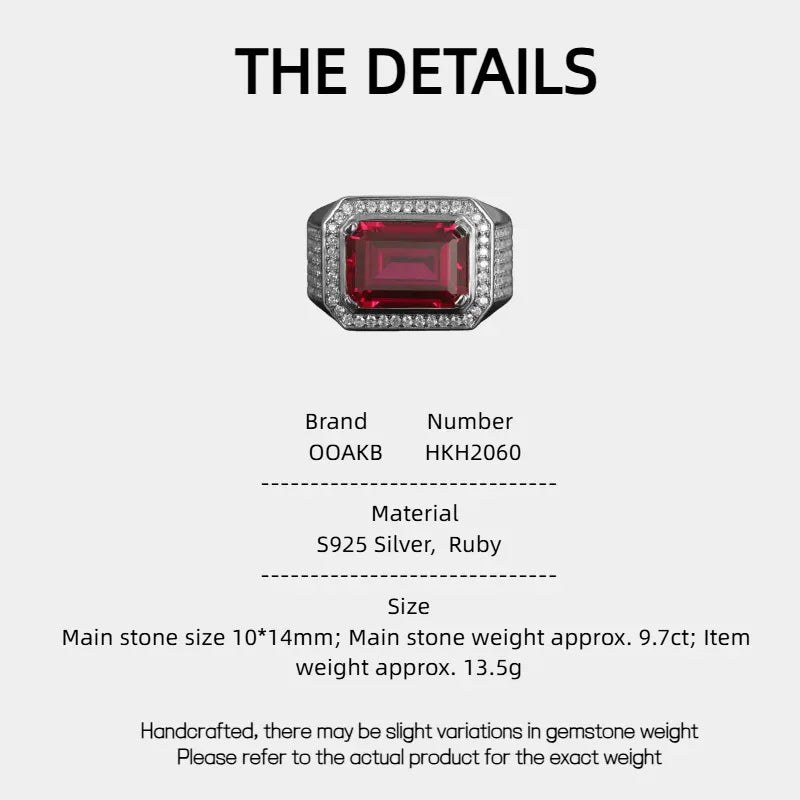 Emerald-Cut Ruby Wide-Band Men's Ring — specification card with material and size details
