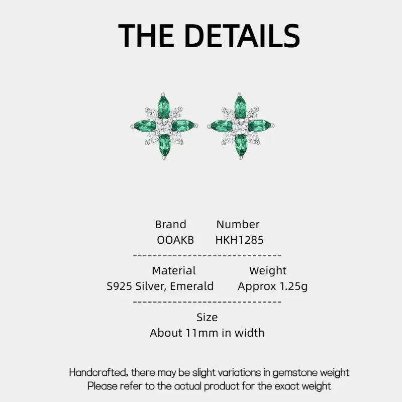 Emerald North Star Stud Earrings specification card with product measurements
