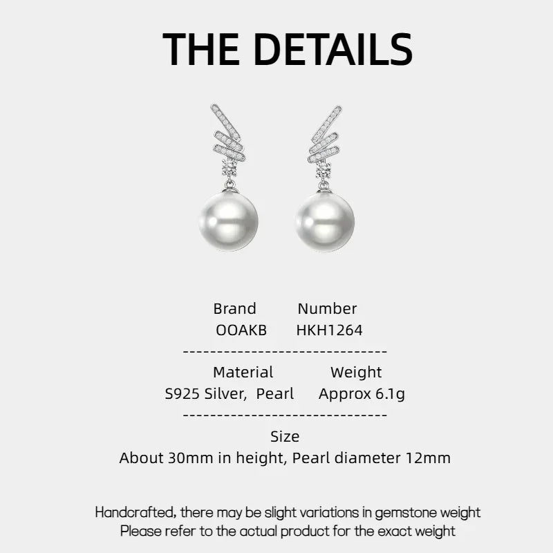 Pearl Wing Drop Earrings — specification card with material and size details