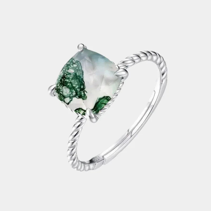 European and American Twist Band Moss Agate Open Ring — front product view on a light background