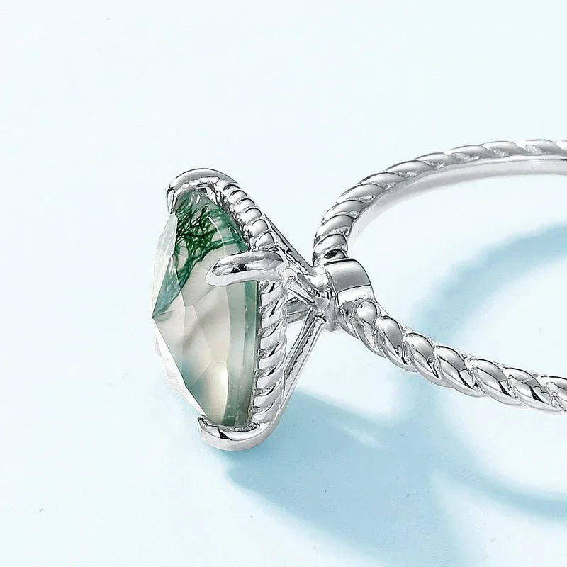 European and American Twist Band Moss Agate Open Ring — front setting detail 3